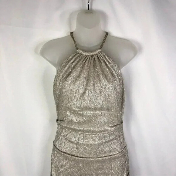 XScape High Neck Halter Metallic Champagne Ruched Formal Gown 4 - Picture 3 of 7